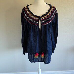 Velvet By Graham Spencer Trudie Embroidered Smocked Boho Tassel Top Blouse Sz M